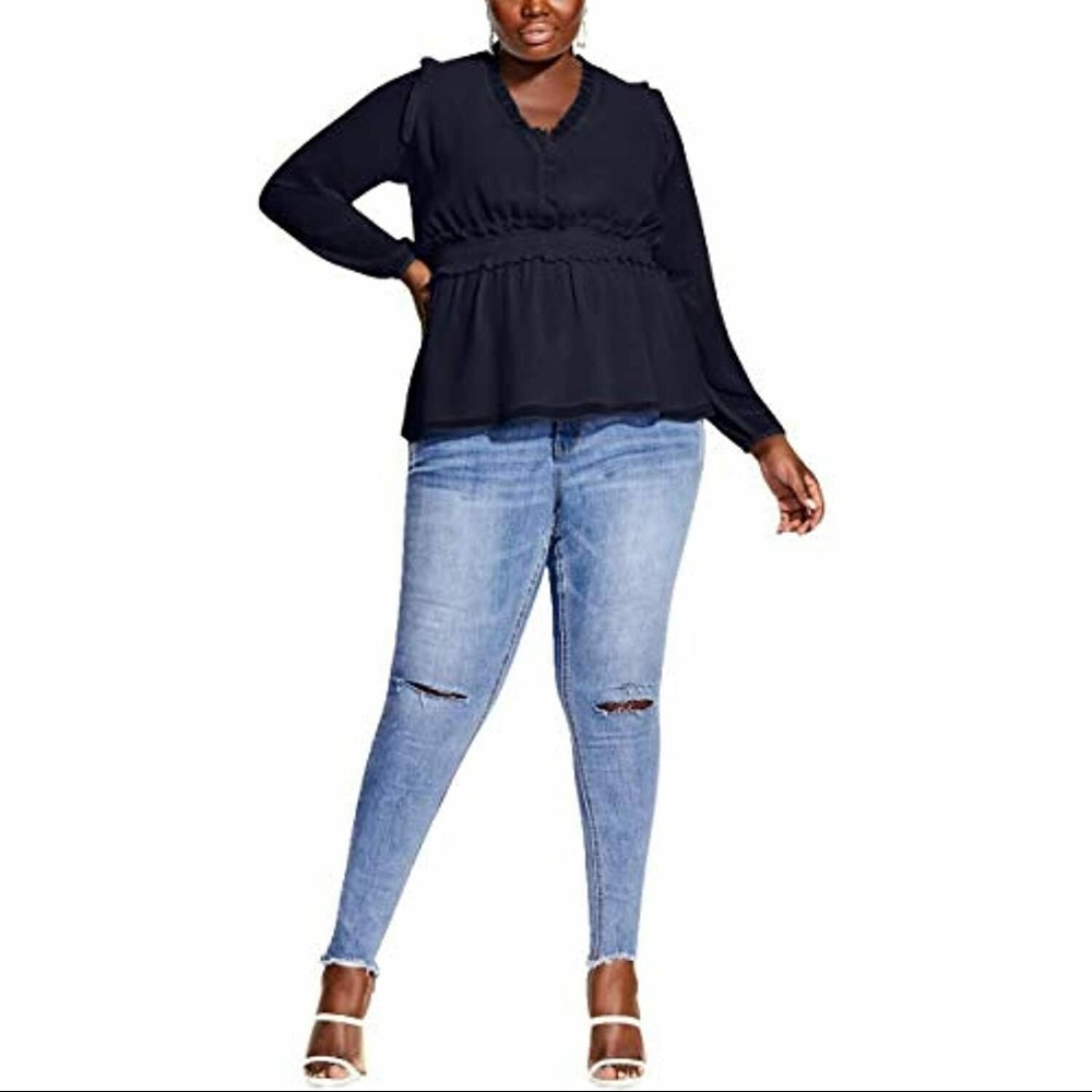 City Chic Plus Ruffled Sheer Blouse Navy NWT